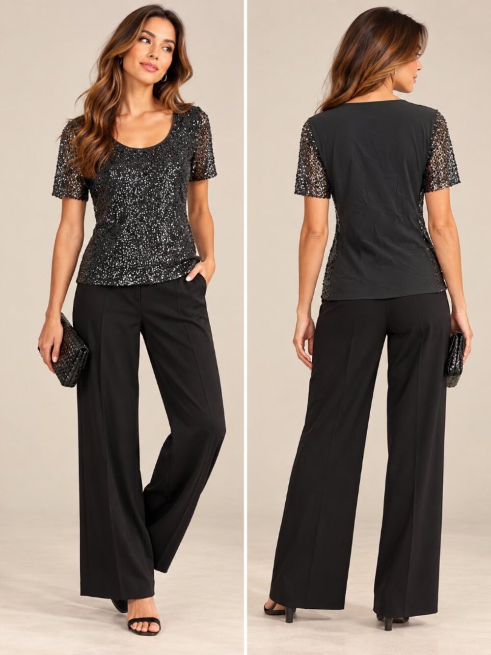 St. John Black Sequin Silk Blend Short Sleeve Evening Top Size 4